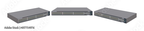 48-Port Fast Ethernet Switch with Gigabit Ethernet, PoE, USB, HDMI and SFP Network Switches: Front, Side, and Perspective Views of Network Technology. Vector.