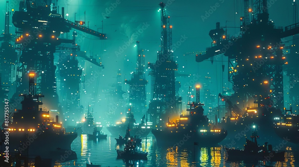A futuristic port with AIdriven cargo ships and automated cranes, illuminated by neon lights, cyberpunk style, digital painting, high detail A futuristic port with AIdriven cargo ships and automated cranes, illuminated by neon lights, cyberpunk style, digital painting, high detail