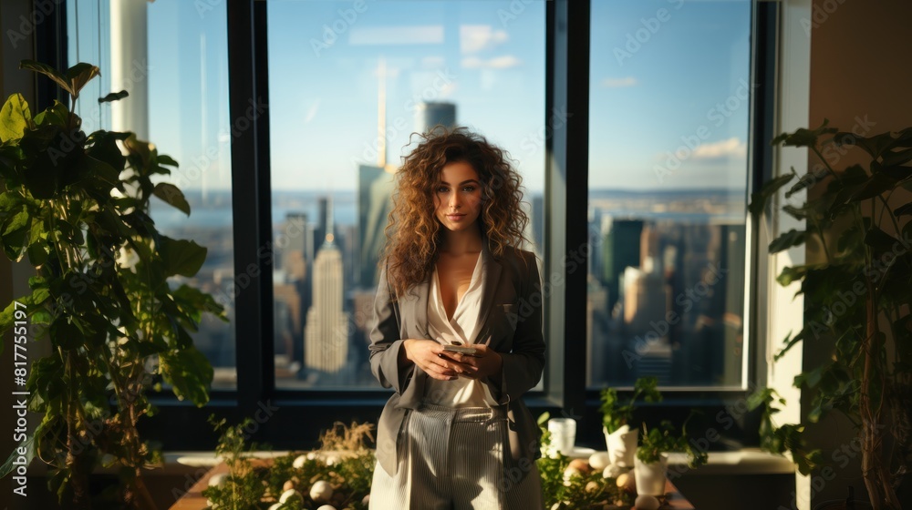 Fototapeta premium Confident Businesswoman in Modern Office with City Skyline Background and Natural Greenery