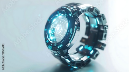 A sleek, futuristic smartwatch displaying holographic GPS projections against a pure white background. 
