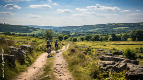 Cyclists On Bodmin Moor Trail In Summer With Scenic Landscape photo