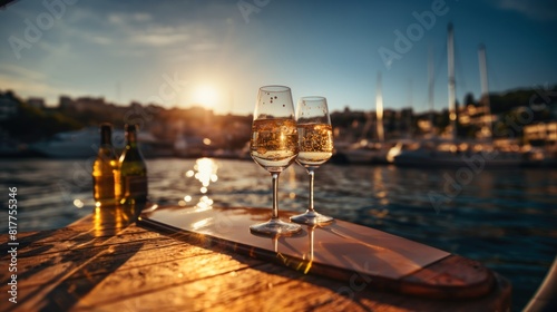 Group of Friends Celebrating with Champagne on a Sunny Waterfront photo