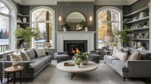 Chic Living Room Filled with Built-In Cabinets and Cozy Fireplace by the Lake