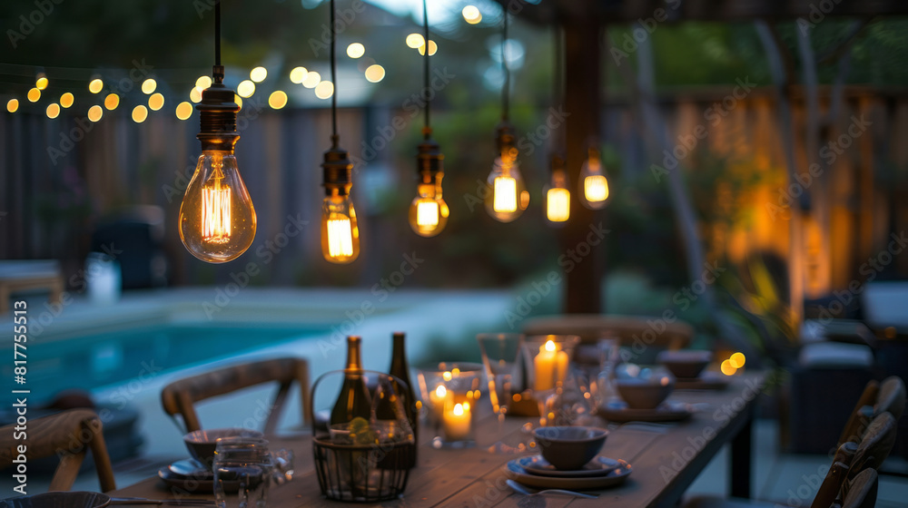 A set of pendant lights hang over an outdoor dining table, casting warm ...