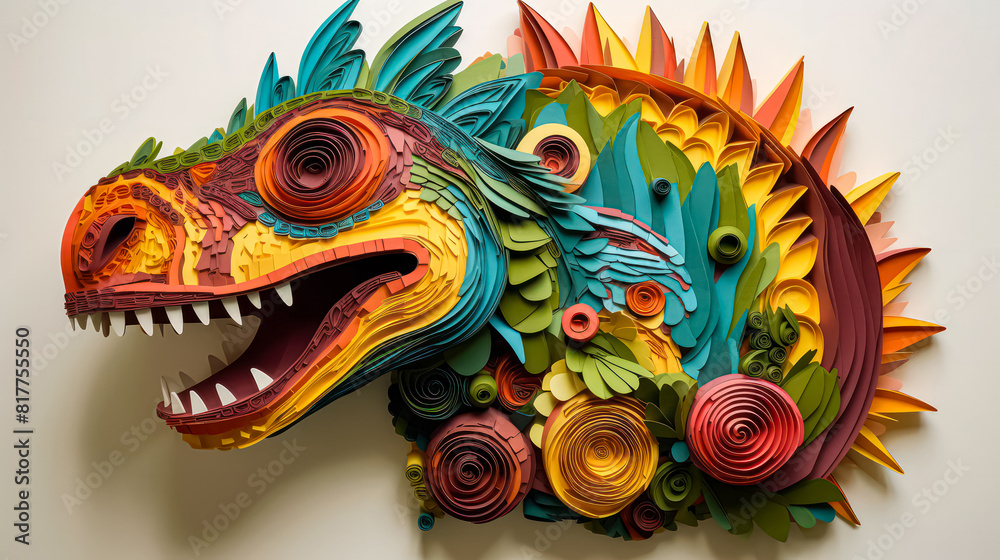 A paper dragon with a mouth open and a blue eye. A paper dragon with a mouth open and a blue eye.