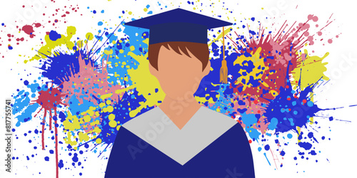 Graduated girl in mantle and graduation cap on background of rainbow splashes. Vector illustration