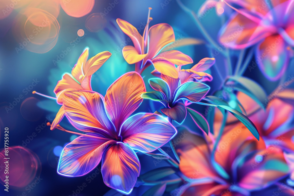 Abstract neon background with hibiscus flowers in violet, orange, purple colors Abstract neon background with hibiscus flowers in violet, orange, purple colors