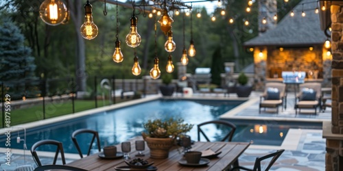An antique pendant light with long hanging glass bulbs illuminates an outdoor dining table situated above a pool area. photo