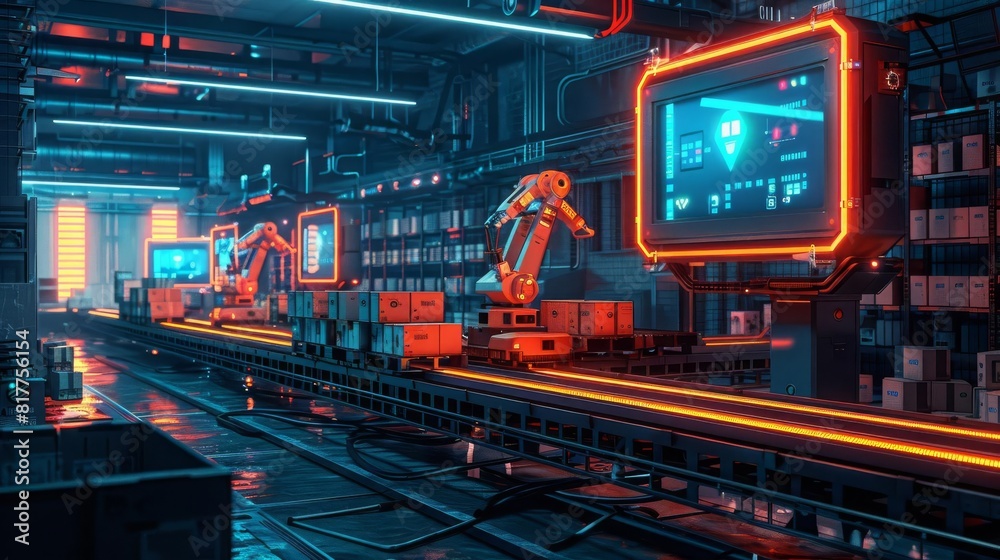 A smart warehouse with conveyor belts and robotic arms sorting packages, holographic interfaces, scifi, digital illustration, crisp details A smart warehouse with conveyor belts and robotic arms sorting packages, holographic interfaces, scifi, digital illustration, crisp details