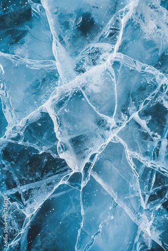 A close-up view of an icy surface reveals delicate ice cracks, intricate patterns, and textures in cool blue tones.