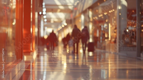 A shopping mall with people walking forms a blurred background  focused on the center point  with a bright orange color theme.