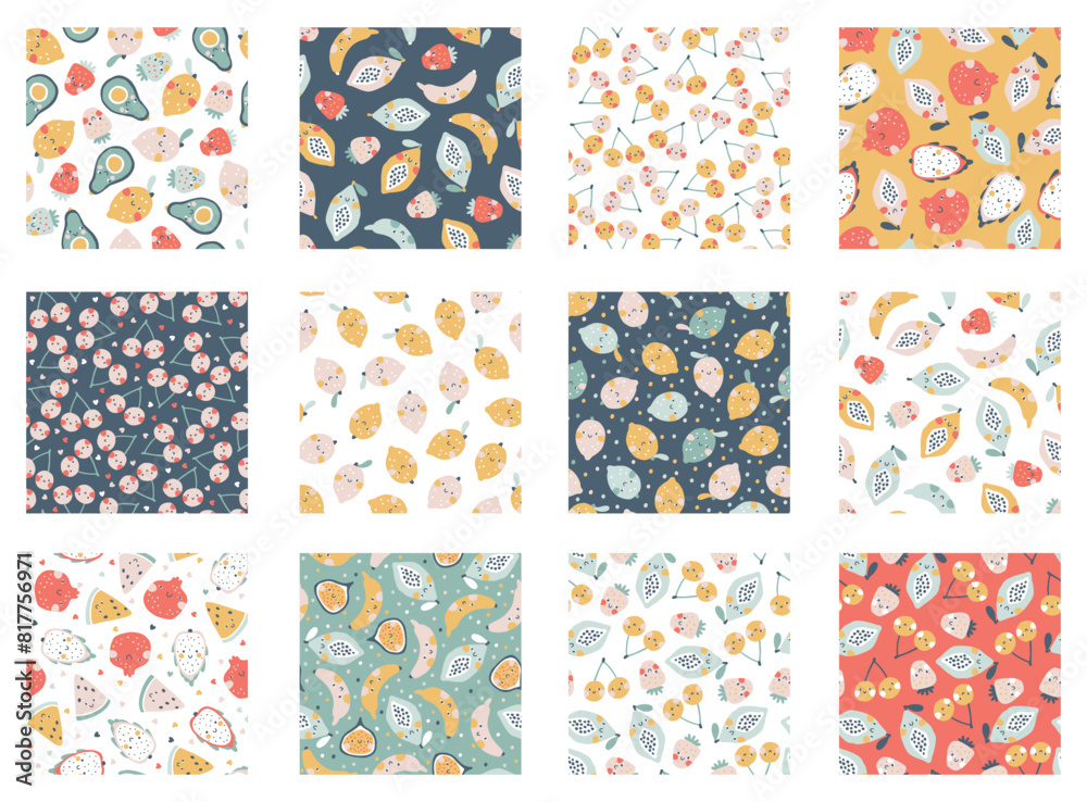 Tropical Fruit collection of seamless patterns. Vector cartoon childish background with cute smiling fruit characters in simple hand-drawn style. Pastel colors, polka dots, hearts.
