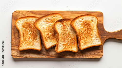 Board with tasty toast on white background