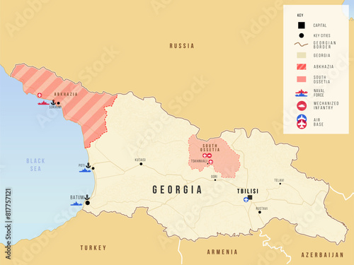 Georgian map with occupied territory and main forces. Vector illustration map. Geopolitical set concept.
