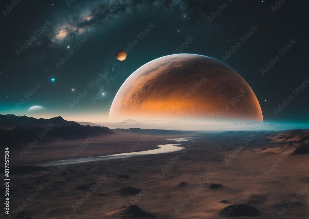 Magnificent Alien Planet with Starry Sky and Cosmic Wonders in the Background Magnificent Alien Planet with Starry Sky and Cosmic Wonders in the Background