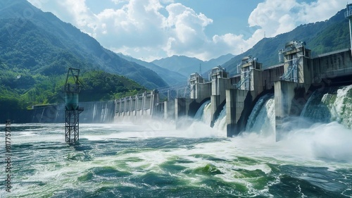 Hydro Dam with Flowing Water in Mountainous Landscape on Sunny Day