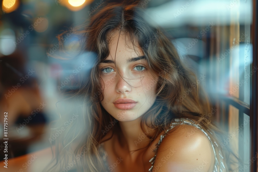 attractive french woman in a modern city cafe, brunette, in the window