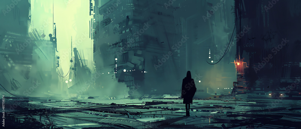 Craft a striking image of a lone figure walking through a desolate Craft a striking image of a lone figure walking through a desolate