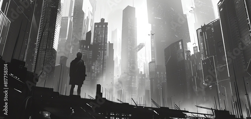 Illustrate a futuristic cityscape from behind
