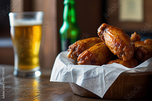 Beer and buffalo bbq chicken wings on a plate on the wooden table.