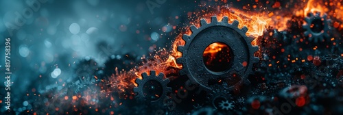 Dynamic close up  synchronized gears spinning with sparks on blurred background, space for text photo