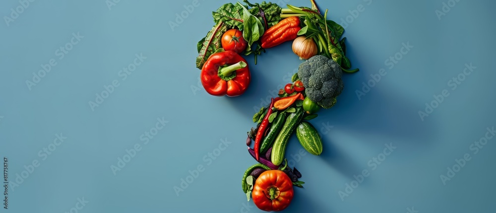 A colorful question mark made by vegetables emphasizes healthy food concepts, with solid background and copy space on center for advertise