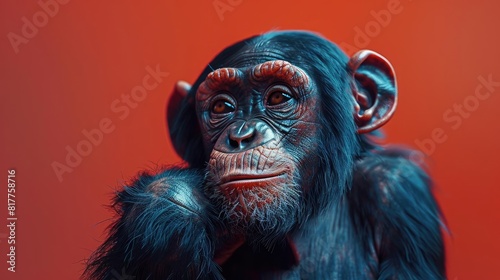 Thoughtful Chimpanzee with Red Background  Copy Space for Text  Suitable for Educational or Inspirational Themes