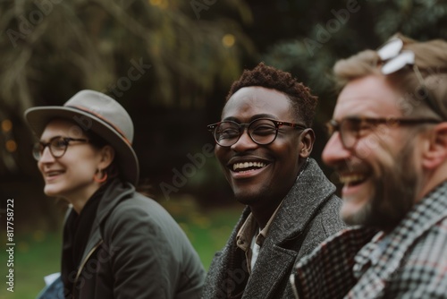 multiethnic friends smiling and looking at camera while sitting in park © Inigo