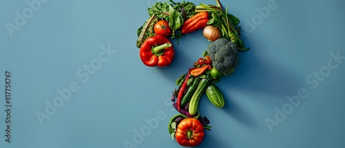A colorful question mark made by vegetables emphasizes healthy food concepts  with solid background and copy space on center for advertise