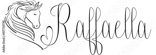 Raffaella - black color - name written - vector graphics with stylized horse with heart - for websites, greetings, banners, cards, tag, t-shirt, sweatshirt, prints, cricut, silhouette, scrapbooking 