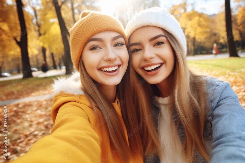 two happy 20 year old girls taking a selfie in a park on a clear and bright autumn day. front view two happy 20 year old girls taking a selfie in a park on a clear and bright autumn day. front view