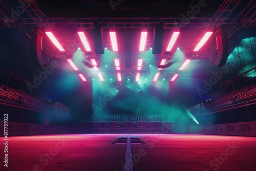 A concertready football stadium, empty yet vibrantly set with stage lights and holographic speakers, poised for a futuristic event with designated copy space photo