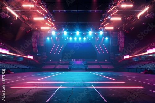 A concertready football stadium, empty yet vibrantly set with stage lights and holographic speakers, poised for a futuristic event with designated copy space