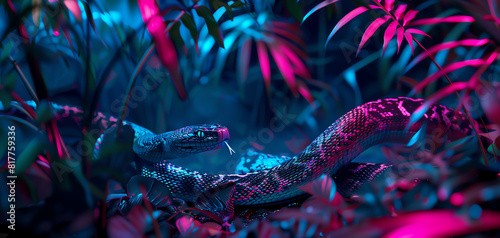 Capture a winding, metal serpent slinking through a neon jungle, lens positioned at ground level, its coils disappearing into shadows photo