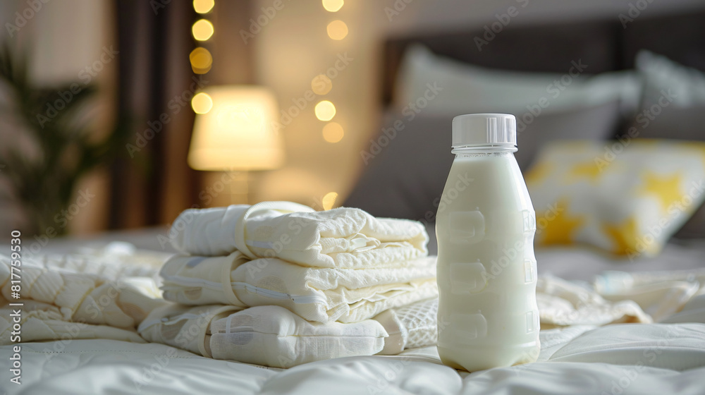 Bottle of milk with stack of diapers on bed