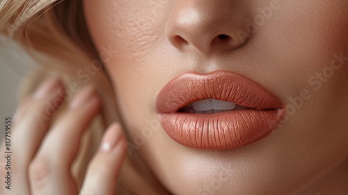 close-up of the lower part of the face. The lips are painted with matte lipstick in a natural pink or peach shade.