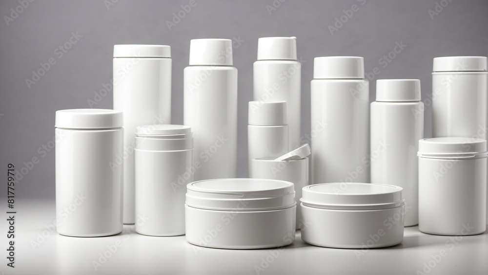 There are eight white🧴 containers of various sizes on a white table against a pale gray background.
There are eight white🧴 containers of various sizes on a white table against a pale gray background.