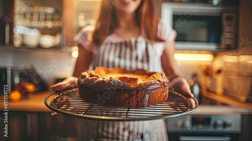 a woman takes a pie out of the oven. selective focus photo