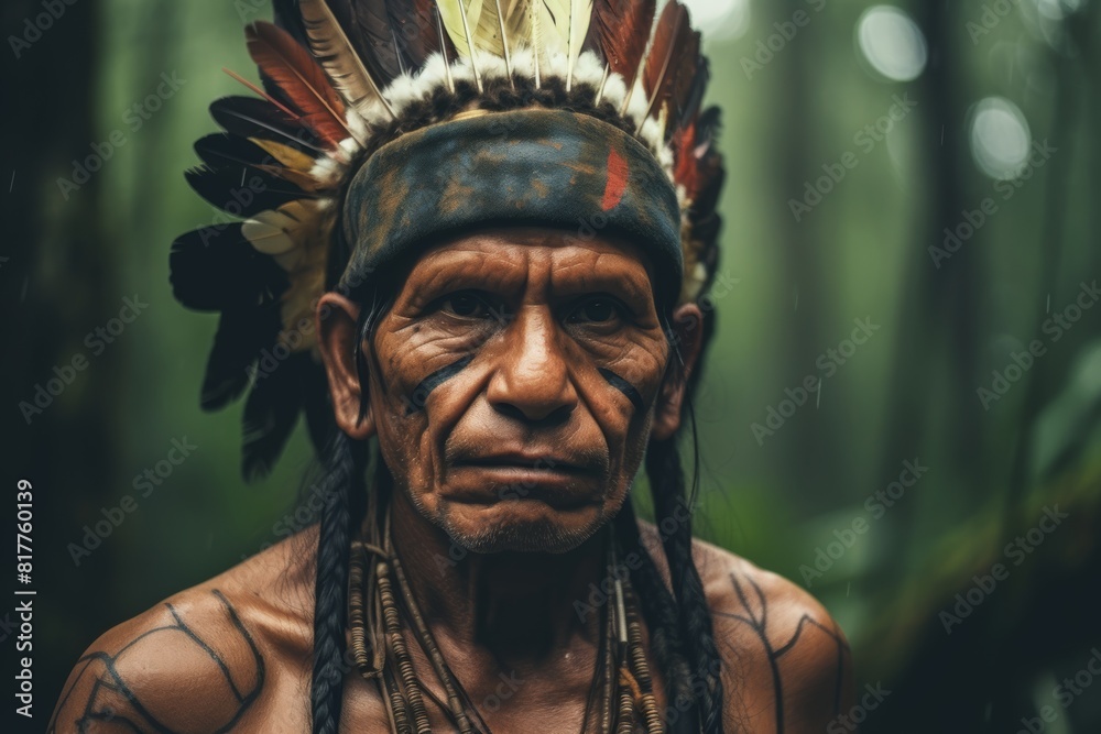 Elderly native man from Papua, Indonesia, amazon  adorned in tribal attire, reflects the rich indigenous culture. in a feather headdress . Necklaces with tribe symbols 