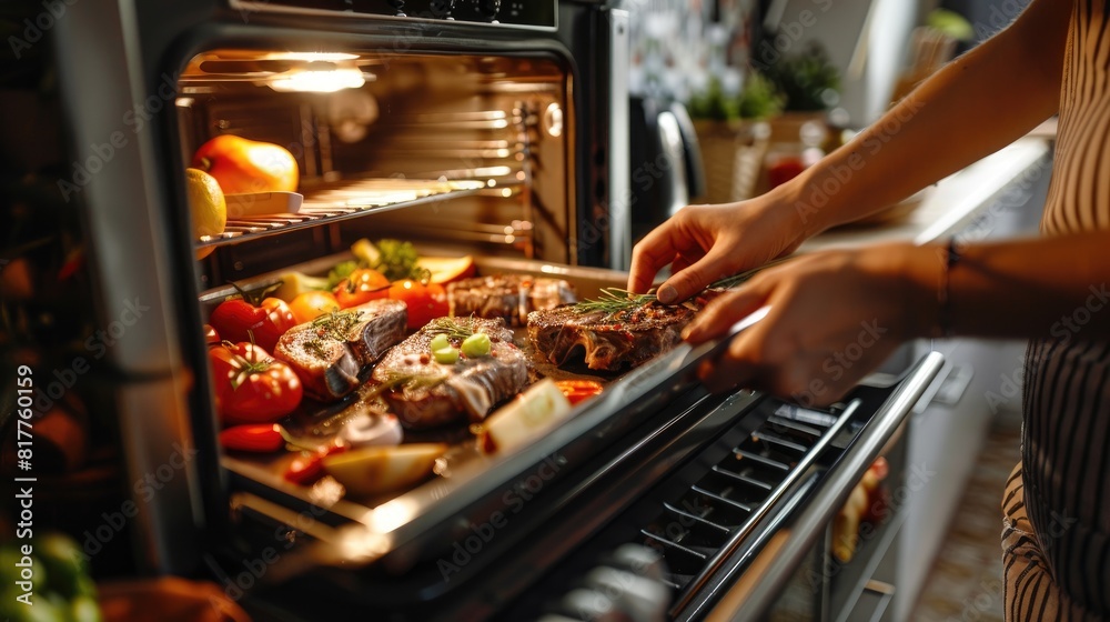 a woman takes steaks out of the oven. selective focus
