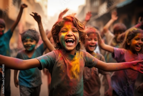 a group of children celebrating the Holi party in the street throwing colorful powder looking at each other 