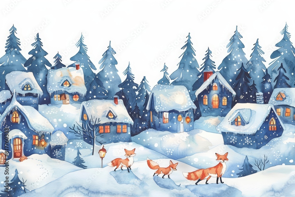 Naklejka premium A cute watercolor of a cozy, snowy village at dusk, where foxes wander past warmly lit windows, emphasizing serene winter life, Clipart isolated on white
