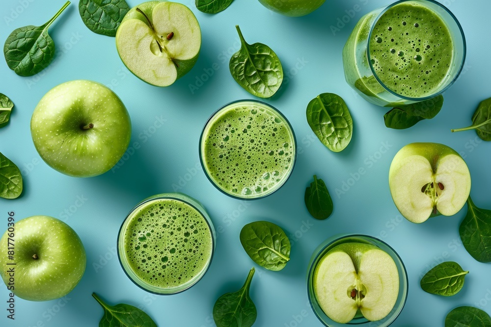 lots of green spinach and apple smoothies, juicy with shadows casting them on a light blue background. View from above. lots of green spinach and apple smoothies, juicy with shadows casting them on a light blue background. View from above.