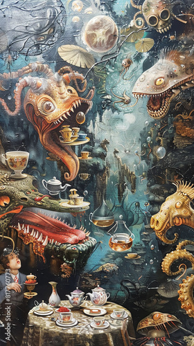 Capture the clash of worlds in a detailed oil painting of an alien invasion interrupting a classy vintage tea party