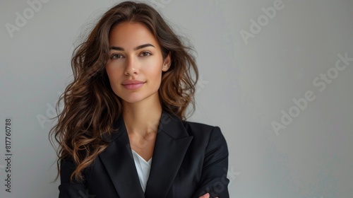 Portrait of a beautiful business woman in a black suit with her arms crossed