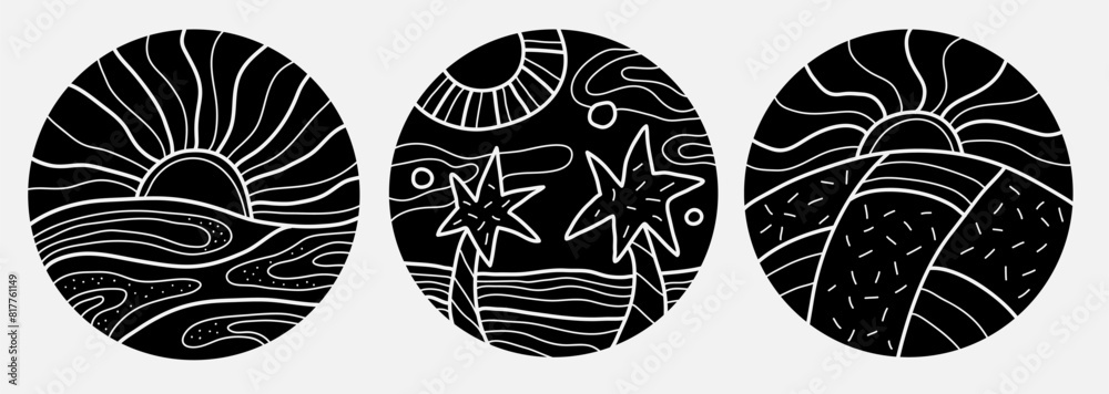 Groovy abstract sea landscape. Sunshine and palm tree. Retro wavy black circle with abstract seascape. Panorama beach vector.