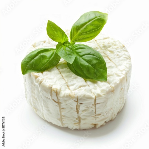 Round Greek Cheese with Fresh Basil. Generative ai photo