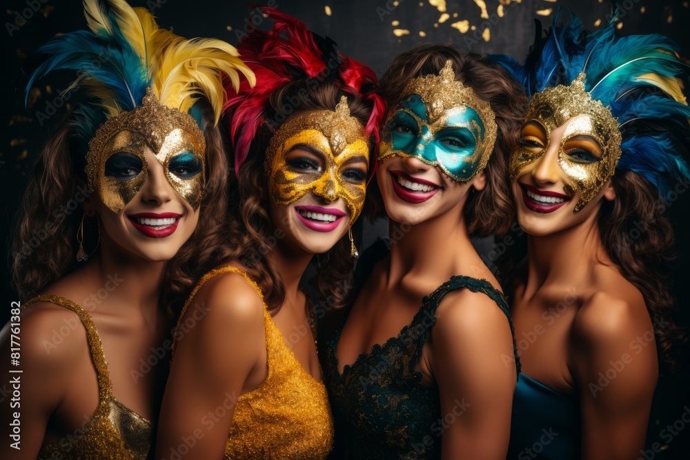 a group of young people, woman at a carnival party with masks a group of young people, woman at a carnival party with masks