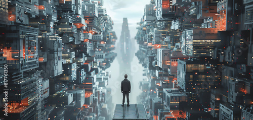 Capture the urban explorers back facing a futuristic, nanotech cityscape emerging from desolation, using unexpected angles to reveal intricate details photo