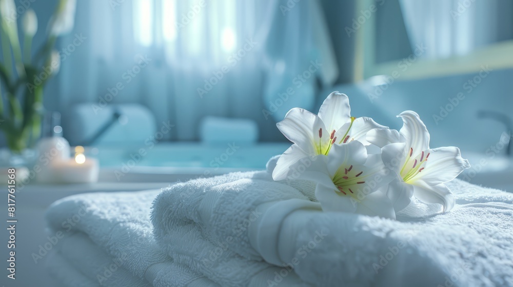 Wellness spa background featuring white towels and bath flowers, close up on luxury spa essentials, concept of relaxation, realistic, Manipulation, modern bathroom backdrop Wellness spa background featuring white towels and bath flowers, close up on luxury spa essentials, concept of relaxation, realistic, Manipulation, modern bathroom backdrop